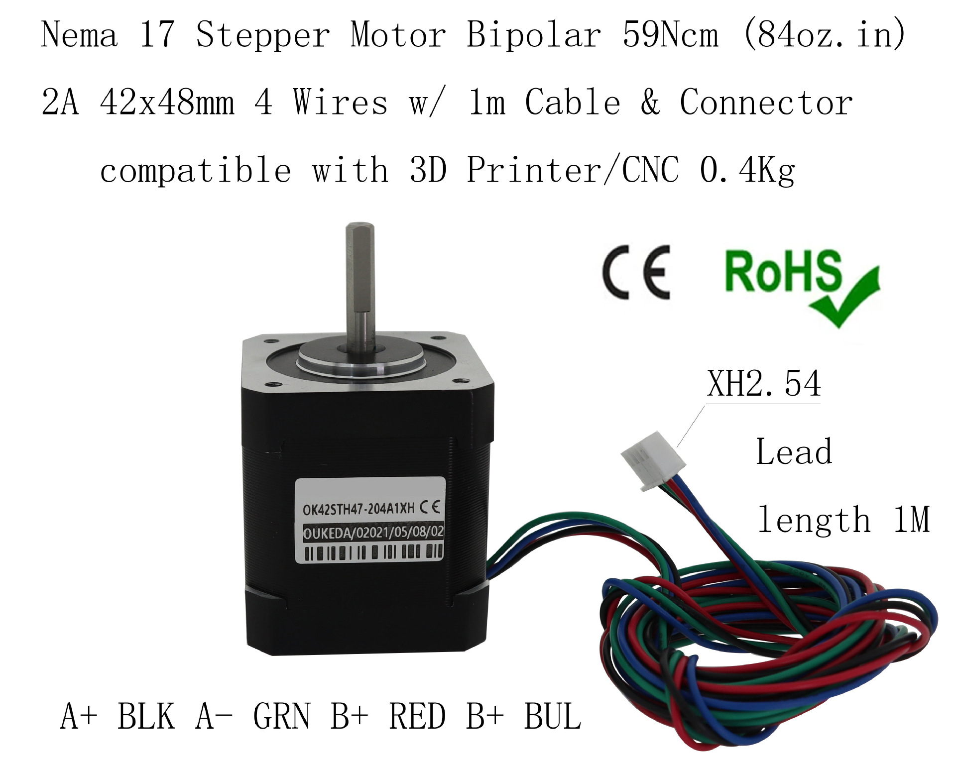 NEMA 17 Stepper Motor for Voron 2.4 Printer 42&times;48mm 1.8&deg; 2-Phase 2.0A 0.59N&middot;m 4-Wires